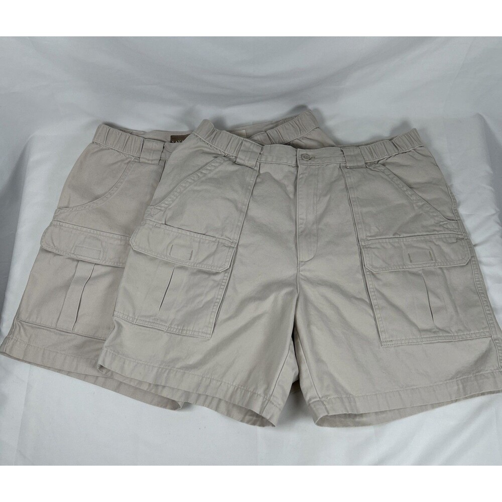 2 Pairs Lot Savane Safari Cargo Shorts Mens 36 Stone Oyster 6.5” Inseam Cotton